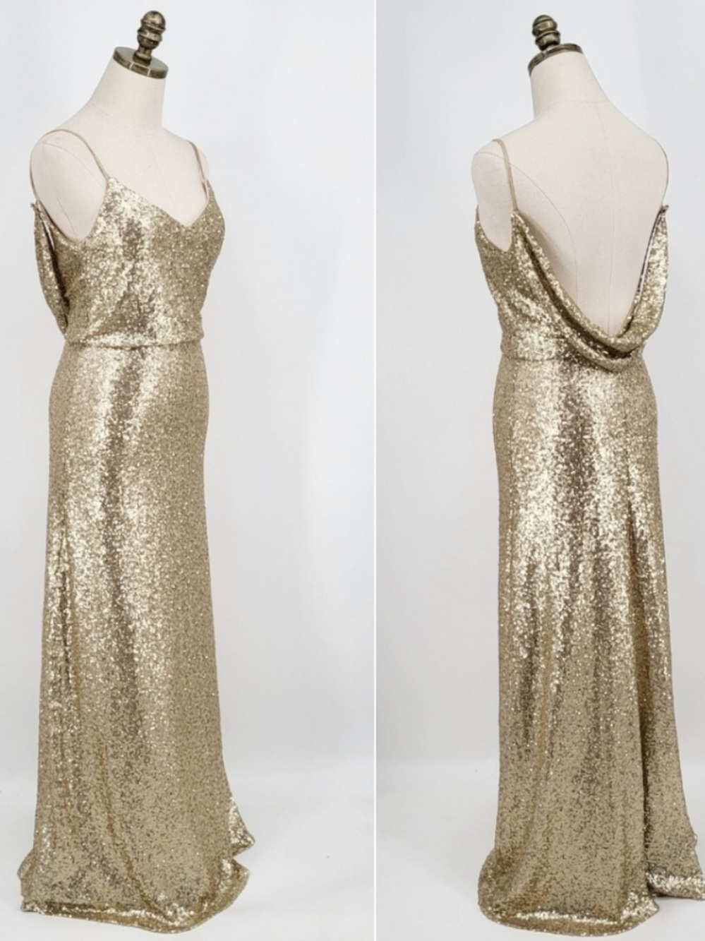 Jenny Yoo Gold Sequin Cowl-Back Slip Gown